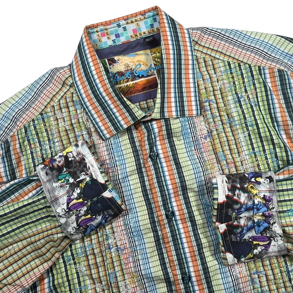Robert Graham Button Down Shirt Mens XL Multi Color Plaid Embroidered Flip Cuff
